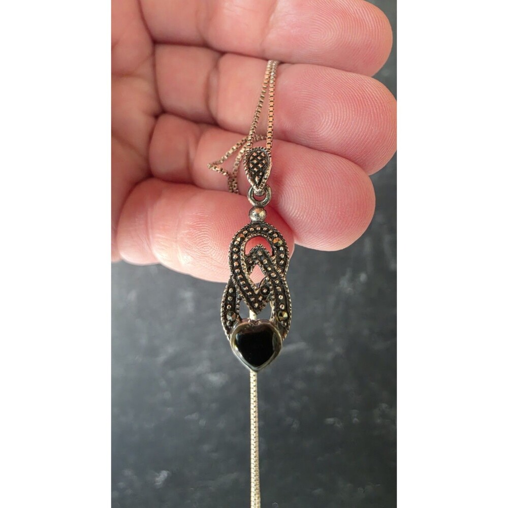 Milor 925 Sterling Silver Marcasite Black Enamel Heart Pendant Necklace Vintage
